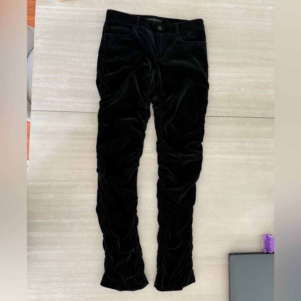 Theory Ruched Draped Straight Leg Low Rise Velvet Pants in Black Purple Size 8